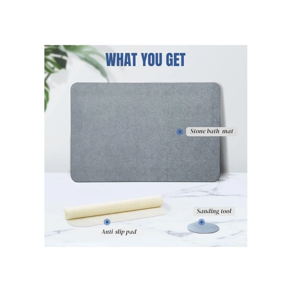 Premium Comfort Stone Bath Mat Grey Diatomaceous Earth Fast Drying Non-Slip New